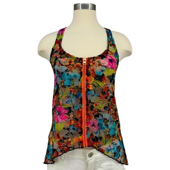 Almost Famous Sheer Lace Floral Zip Front Tank - Picture 4 of 9